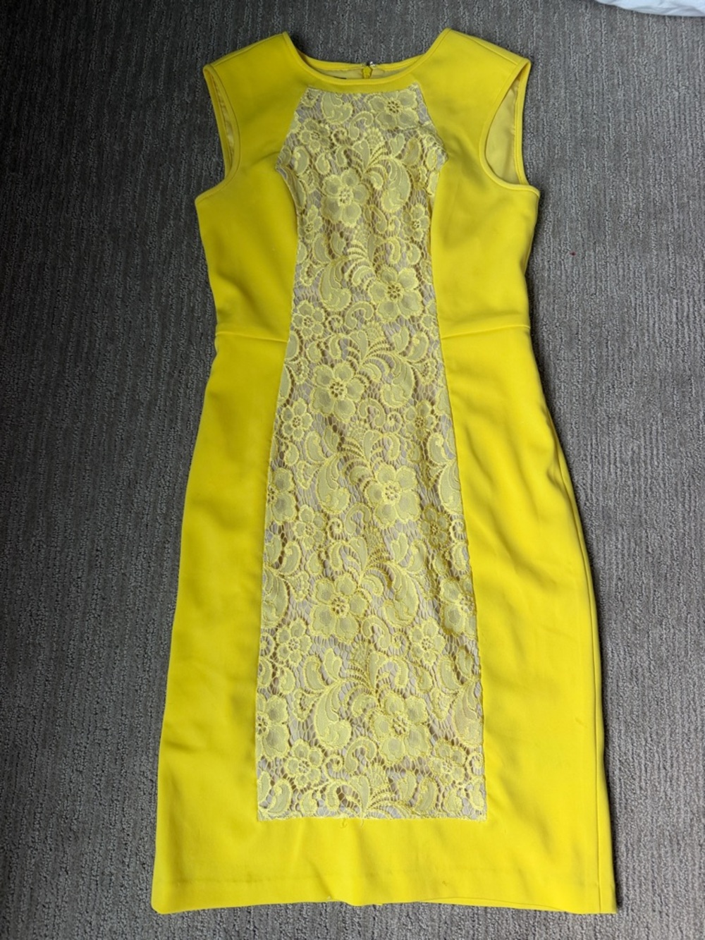Saks Fifth Avenue Bright Yellow Lace-Panel Midi Sheath Dress